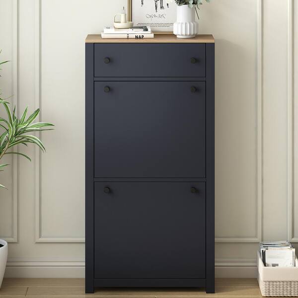 Harper & Bright Designs 47.2 in. H x 23.6 in. W Black Wood Shoe Storage Cabinet with 2 Flip Drawers, Adjustable Shoe Racks, Grain Pattern Top Harper & Bright Designs 47.2 in. H x 23.6 in. W Black Wood Shoe Storage Cabinet with 2 Flip Drawers, Adjustable Shoe Racks, Grain Pattern Top