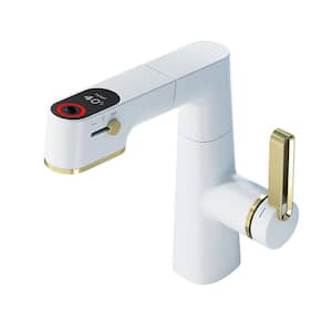 Single Handle Single Hole Bathroom Faucet with Pull Out Sprayer LED Temperature Display Bathroom Sink Faucets in White