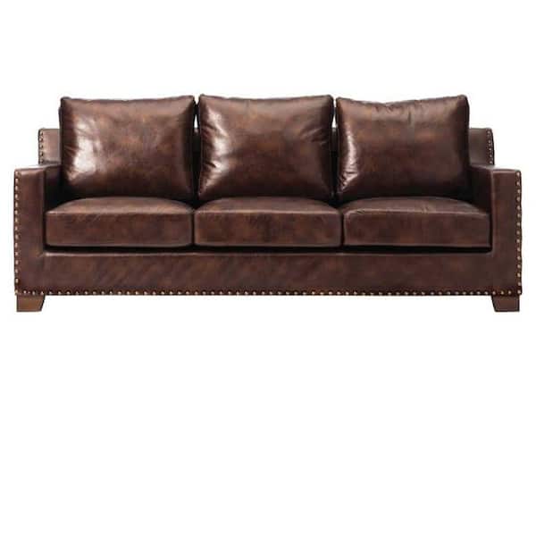 Home Decorators Collection Garrison 82 In Brown Faux Leather 3 Seater Sofa With Removable Covers 1600400820 The Depot Brown Faux Leather 3 Seater Sofa, Paint For Leather Furniture Home Depot