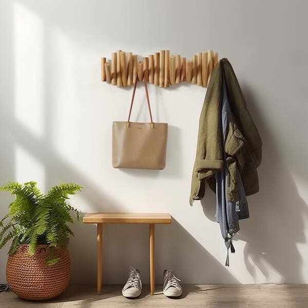 Expandable Hook Wood Wall Peg Rack - Wooden Expanding Accordion Style Coat Rack, Size: 30, Brown