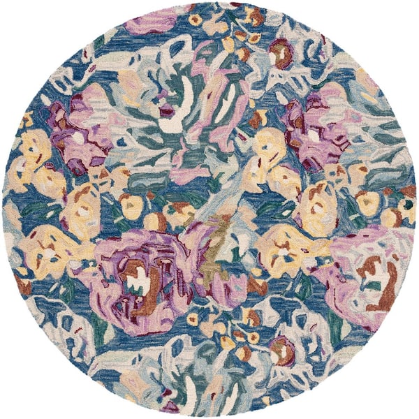 Blossom 6 ft. x 6 ft. Light Blue/Plum Oversized Floral Abstract Round Area Rug
