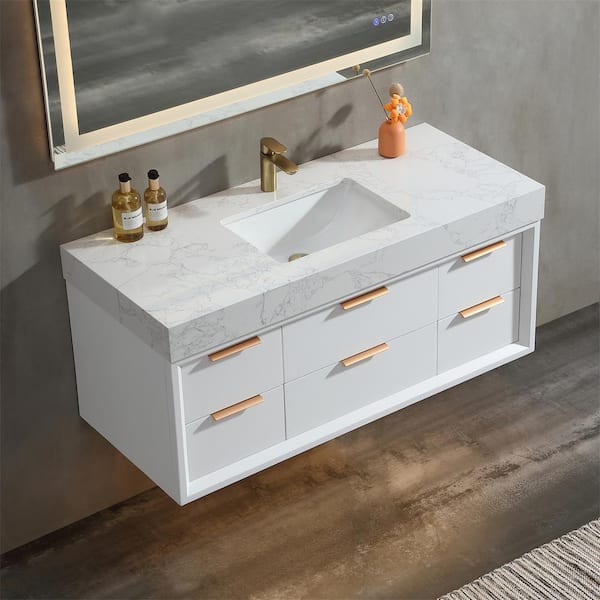 Lonni 48 in. W x 20.7 in. D x 21.3 in. H Single Sink Solid Oak Floating Bath Vanity in White with White Marble Top and Lights