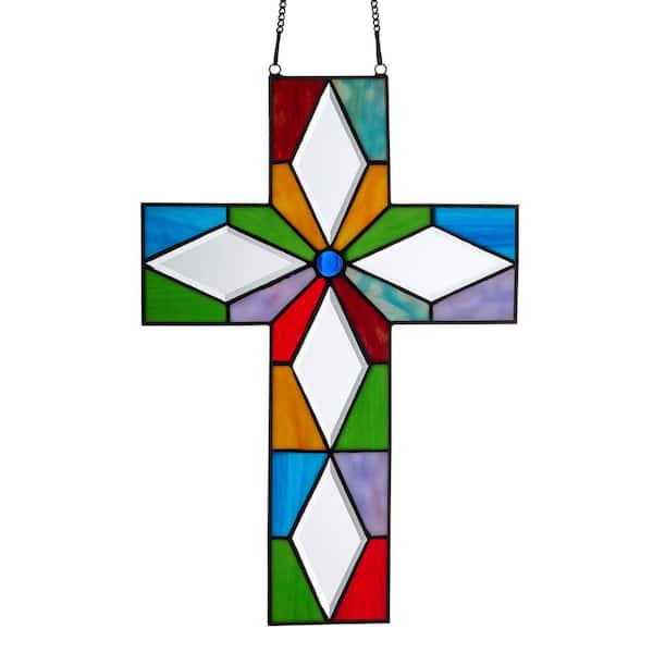 Colorful Cross Multicolored Stained Glass Window Panel