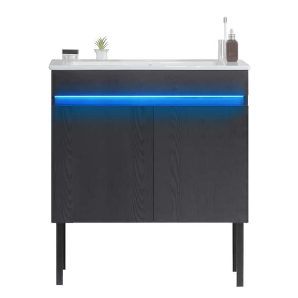 Xspracer Victoria 30 in. W x 18 in. D x 32 in. H Freestanding Single Sink Bath Vanity in Black with Solid Wood and Ceramic Top