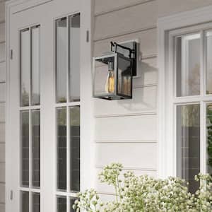 Black Outdoor Wall Sconce, Garage Porch Entry Water-resistant Anti-Rust Square Exterior Lighting with Seeded Glass Shade