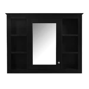 35.03 in. W x 7.32 in. D x 27.5 in. H Wall Mounted Bathroom Storage Cabinet in Black with Mirror and 6 Open Shelves