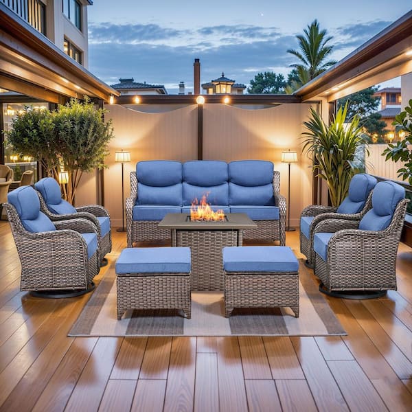 MoonLuxe Brown Wicker Fire Pit Conversation Set with Blue Olefin 6 in. Thick Cushions Patio Swivel Chairs (8-Piece)