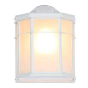 1-Light White Outdoor Cage Wall Lantern Sconce with Die Cast Linen Acrylic Lens