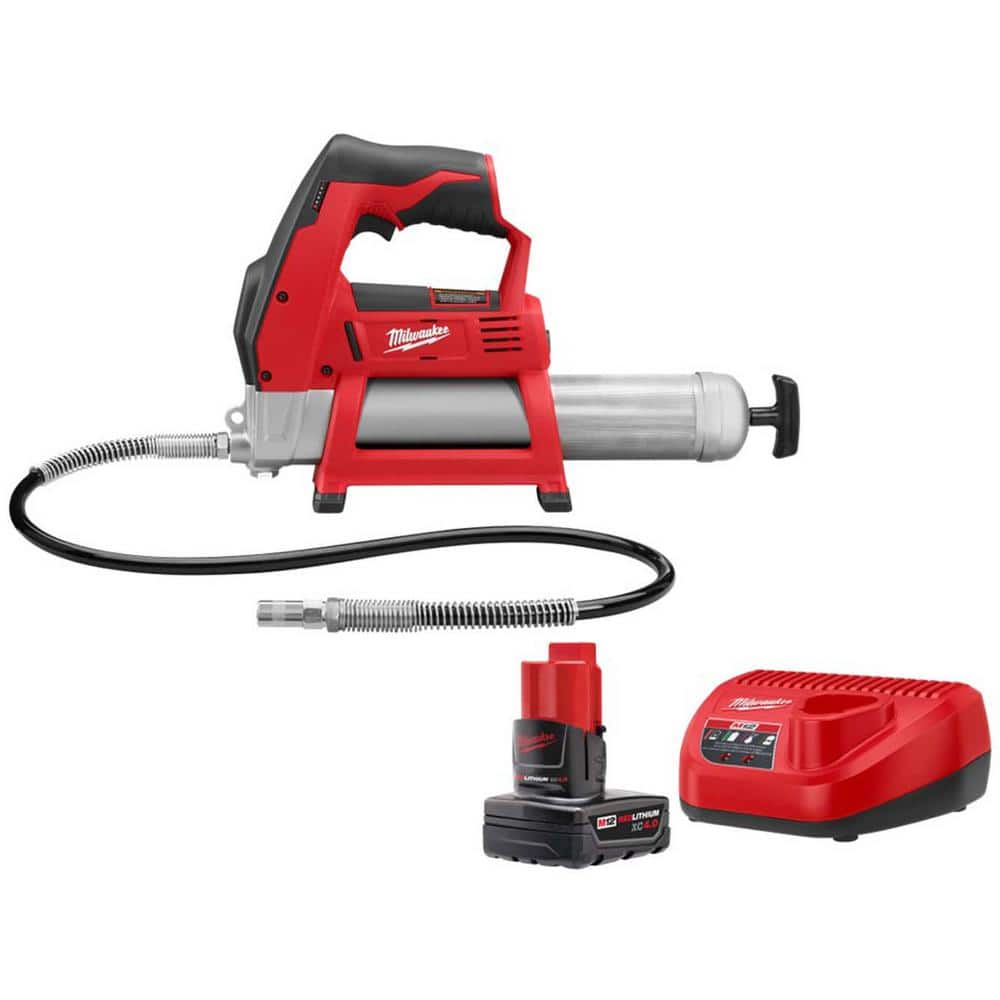 Milwaukee M12 12V Lithium-Ion Cordless Grease Gun with XC Battery Pack 4.0 Ah and Charger Starter Kit