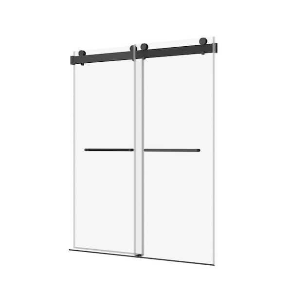 VANITYFUS 60 in. W x 76 in. H Double Sliding Frameless Shower Door in Matte Black with Soft-closing and 3/8 in. Thick Glass