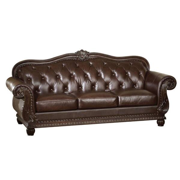 Homeroots Amelia 37 In Espresso Faux, Leather Sofa With Nailheads