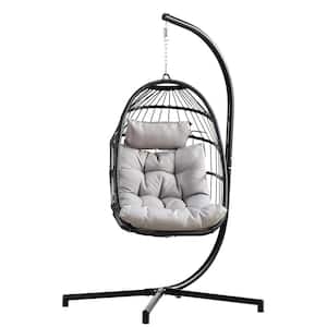 37 in. Width x 78 in. Height Black Wicker Porch Swing Egg Chair with Stand and Gray Cushion for Garden