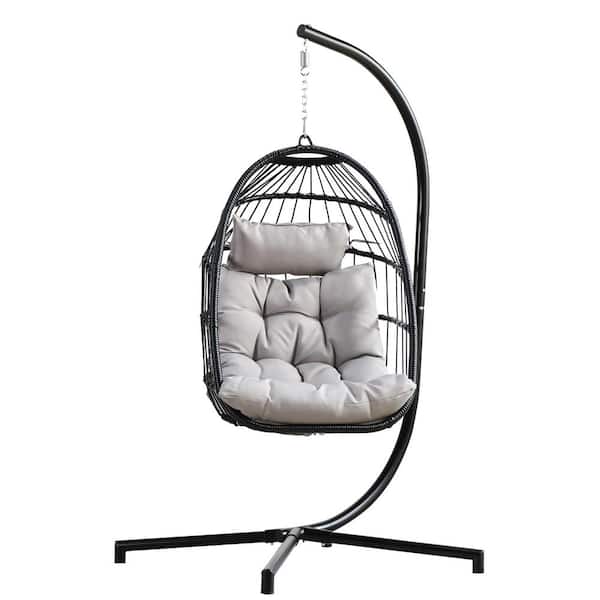 Zeus & Ruta 37 in. Width x 78 in. Height Black Wicker Porch Swing Egg Chair with Stand and Gray Cushion for Garden