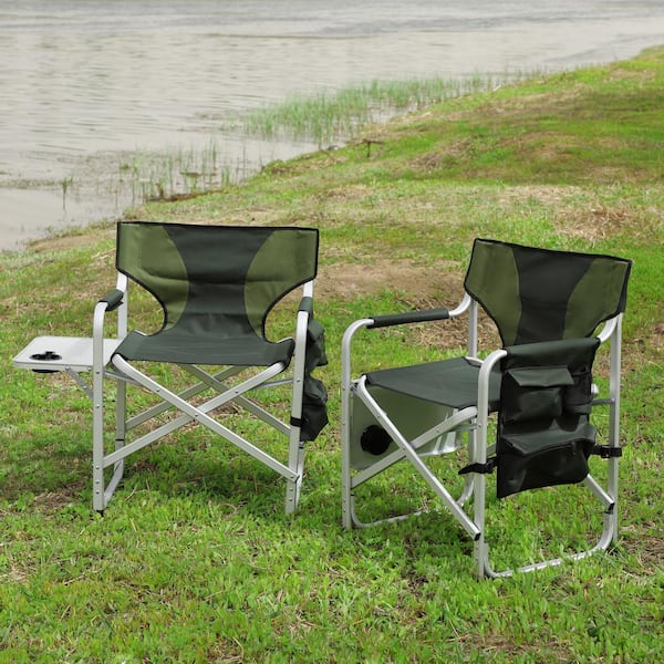wayofatry 2-Piece Padded Folding Metal Outdoor Chair with Side Table and Storage Pockets for Outdoor Camping in Green