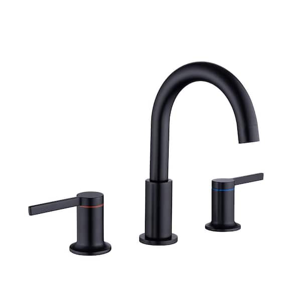 FLG 8 in. Widespread Double Handle Bathroom Faucet Drain Kit Included 3-Holes Brass Sink Basin Faucets in Matte Black