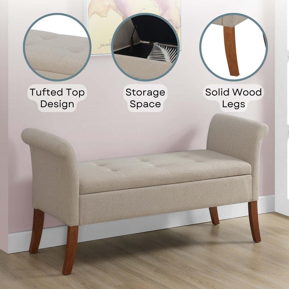 Elegant Soft Gray Garbo 52" Tufted Storage Bench with Rolled Armrests