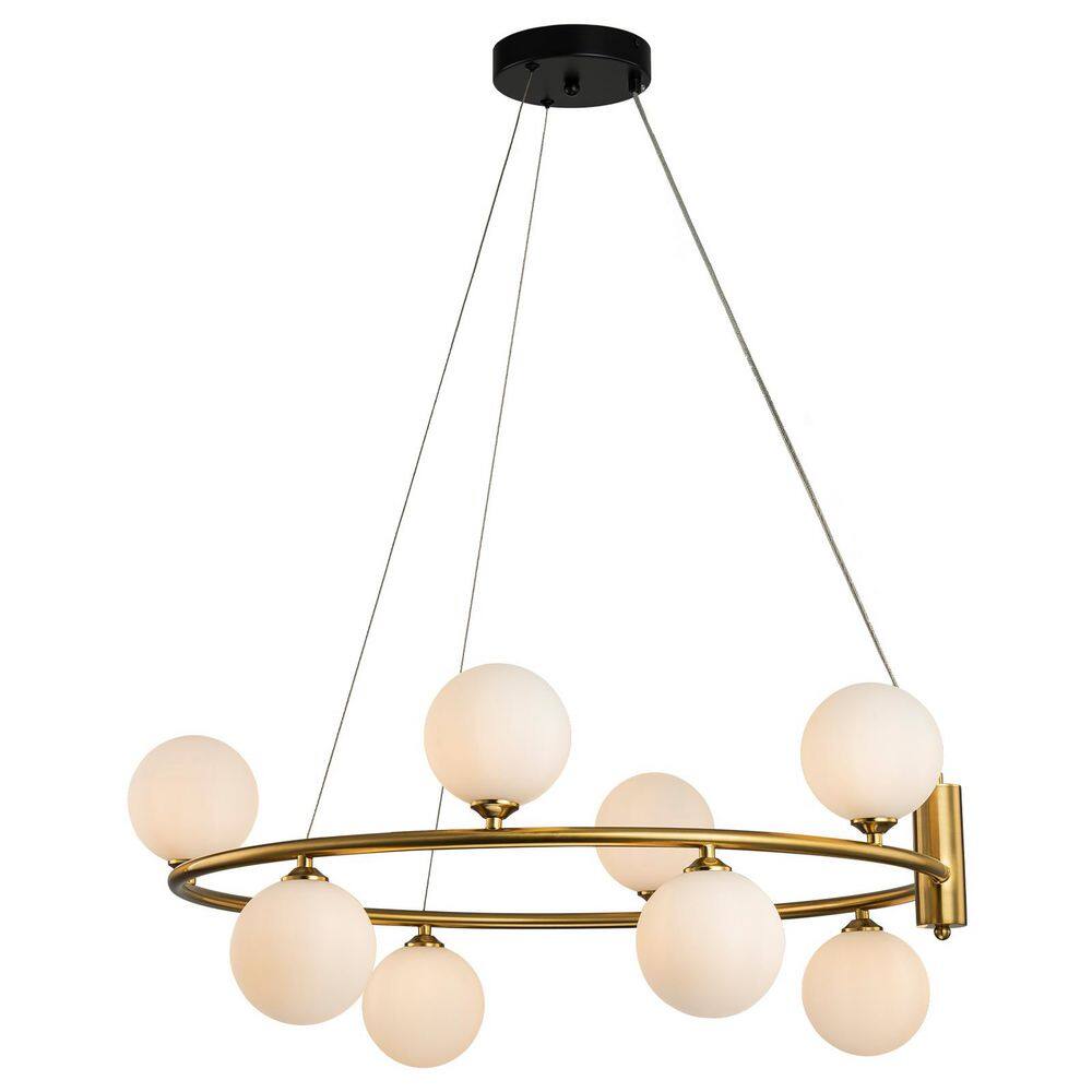 Modern 8-Light Gold Circular Iron Ring Pendant Light with Milky White Glass