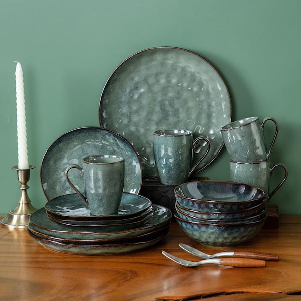 MALACASA Starry 16-Piece Dark Green Stoneware Dinnerware Set
