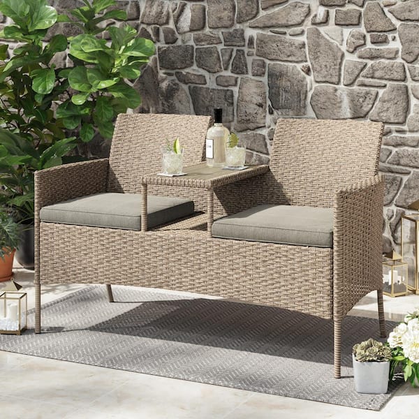 CORVUS Armitage Light Brown 1-Piece Wicker Outdoor Loveseat Bench with Tan Cushions