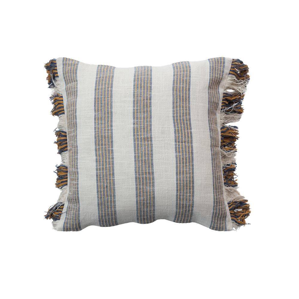 Gray and Yellow Striped Cotton Square Throw Pillow with Fringe