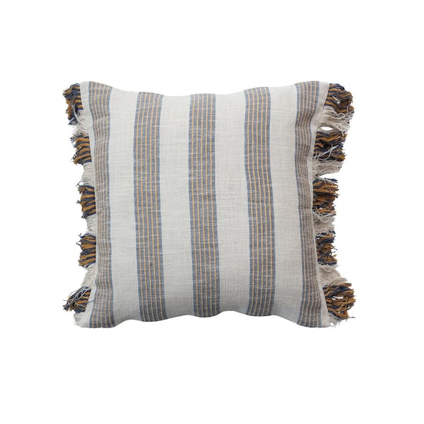 Storied Home Gray Striped Polyester 20 in. x 20 in. Cotton Throw Pillow with Fringe