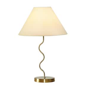 Squiggle Table 22 in. Antique Brass Traditional Super Bright LED Contemporary Table Lamp with Ivory Fabric Empire Shade