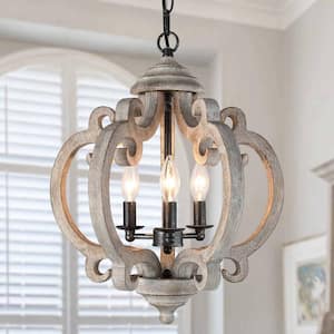 Globe Wood Chandelier Washed Gray Round Pendant 3-Light Farmhouse Candlestick Chandelier Rustic Hanging Lantern