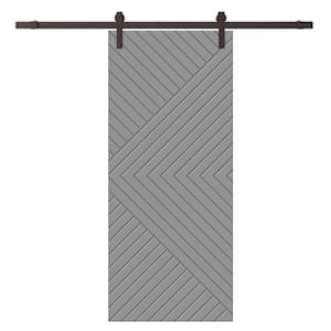 Chevron Arrow 28 in. x 80 in. Fully Assembled Light Gray Stained MDF Modern Sliding Barn Door with Hardware Kit