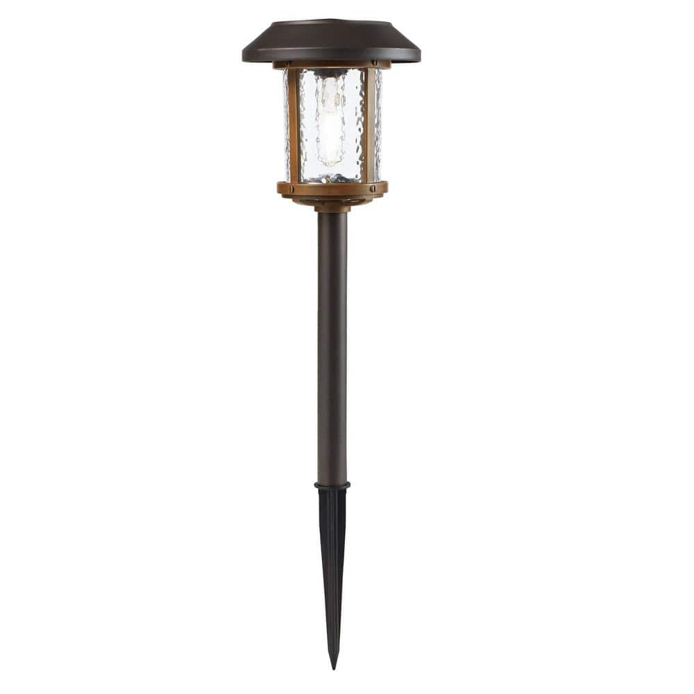 Hampton Bay Lockhart Solar Bronze And Warm Wood Led Path Light 14 Lumens With Ice Glass Lens And