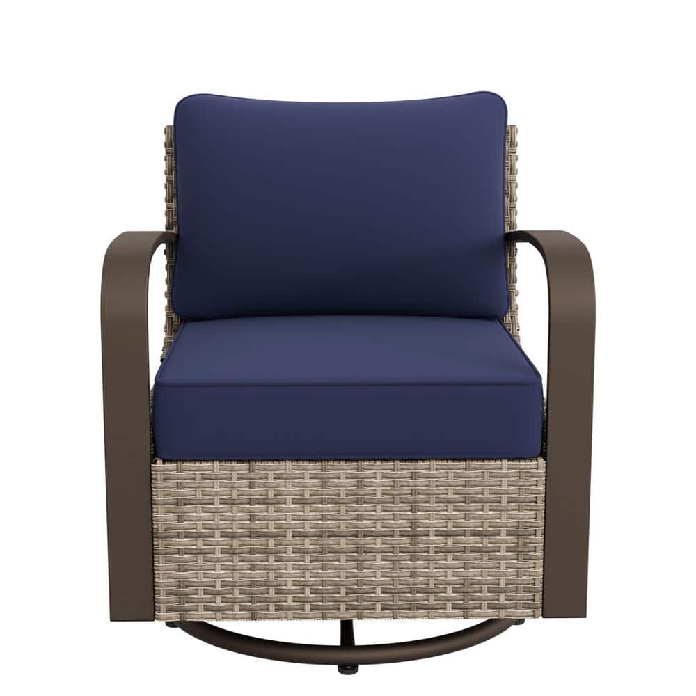 Brown Steel Frame Rocking Armchair with Blue Cushions