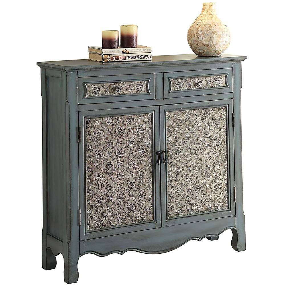 Antique Blue Wood and Metal Console Table with Storage