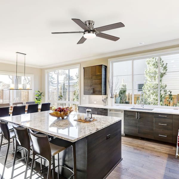 42 in. Integrated LED Indoor Black MDF Downrod Mount and Flush Mount Nickel Ceiling Fan with Light and Remote