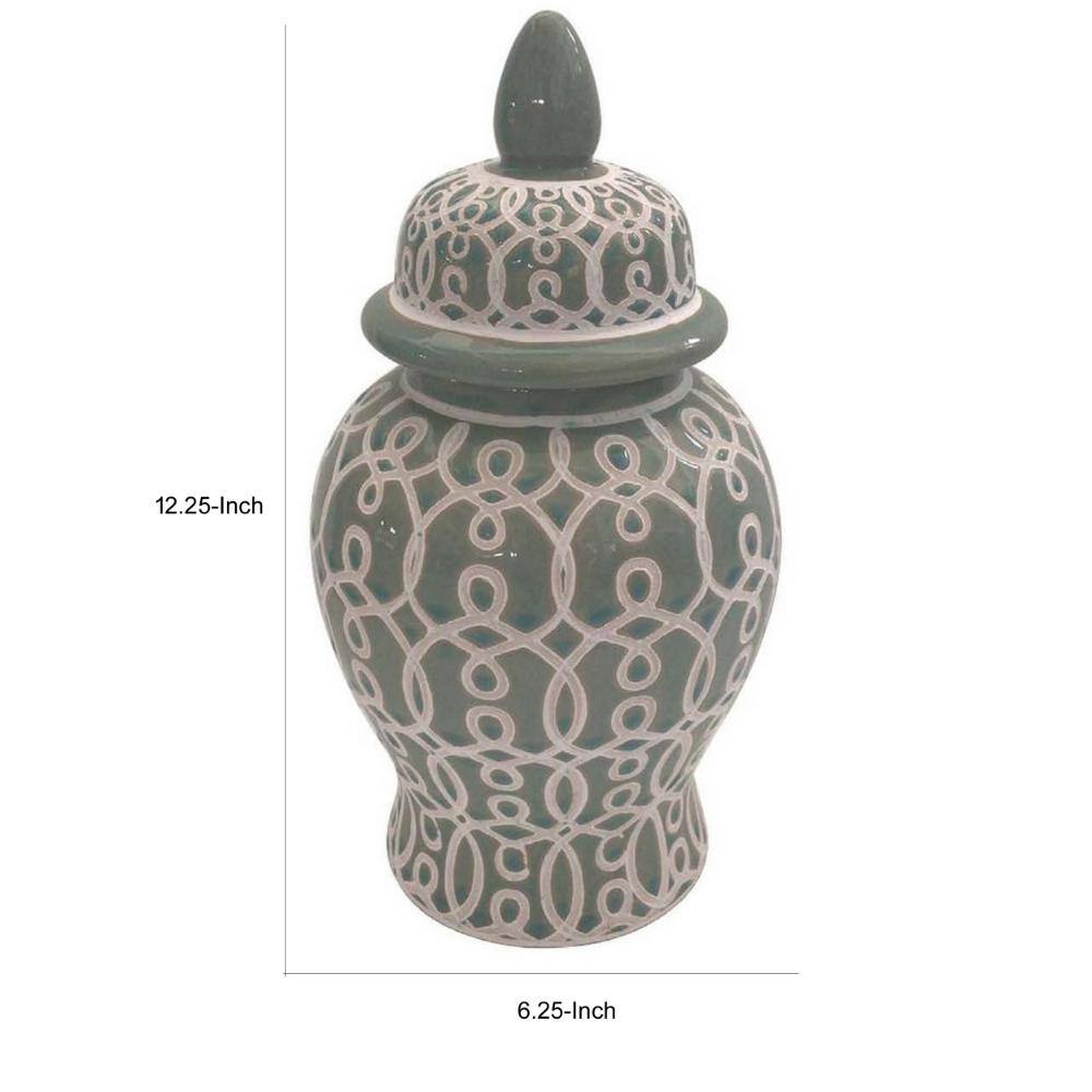 Olive Green Ceramic Temple Jar with Intricate Geometric Pattern