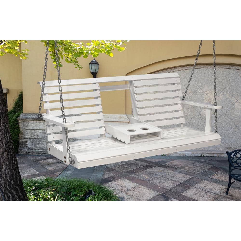 White Poplar Wood 2-Person Outdoor Porch Swing with Cup Holders