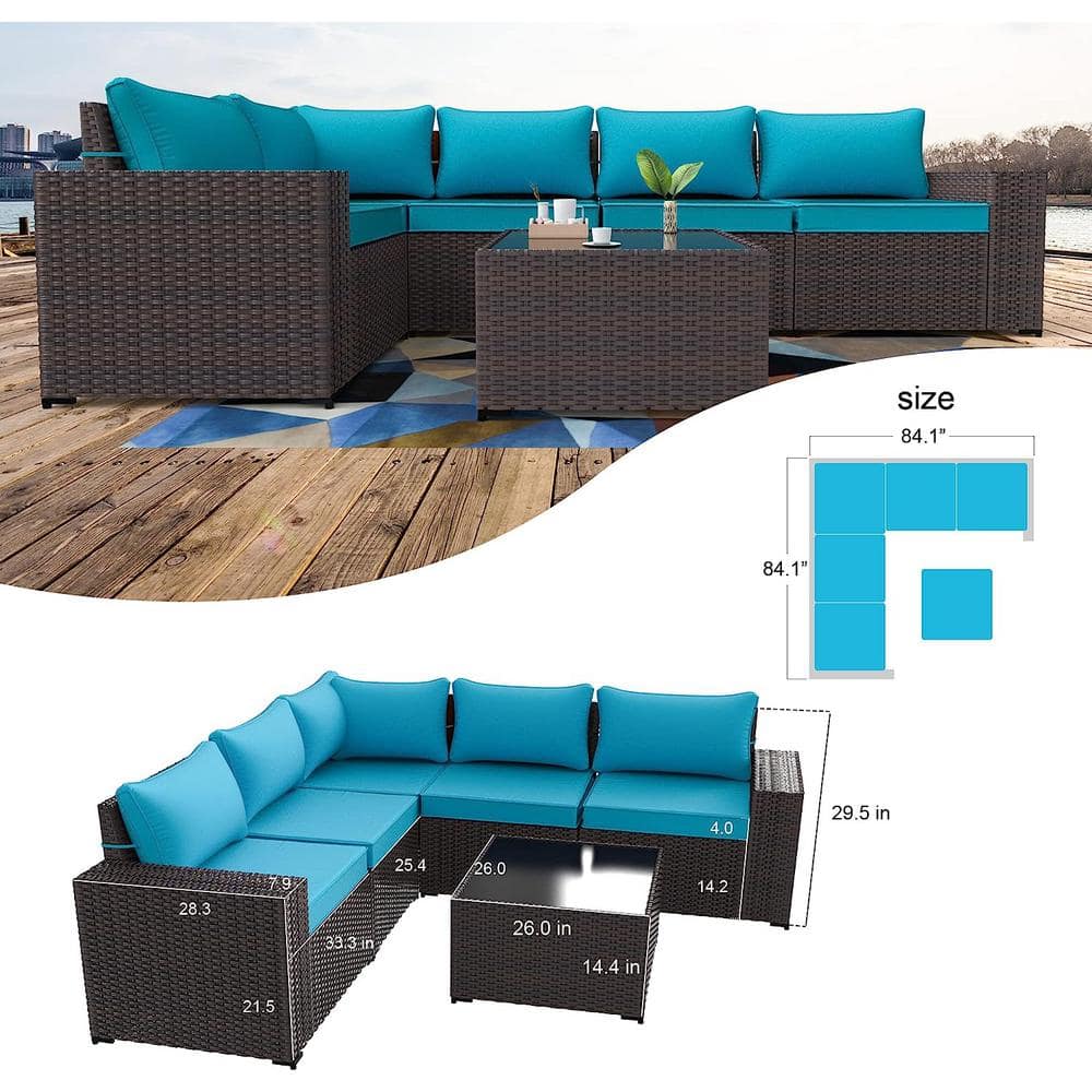 5-Piece Brown Steel Frame Outdoor Sectional Sofa with Blue Cushions