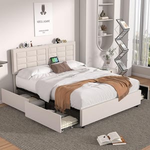 Upholstered Bed Frame Beige Metal Frame Queen Platform Bed with 4-Drawers, Headboard and Built-in USB and Type C Ports