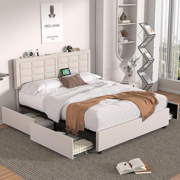 VECELO Upholstered Bed Frame Beige Metal Frame Queen Platform Bed with 4-Drawers, Headboard and Built-in USB and Type C Ports