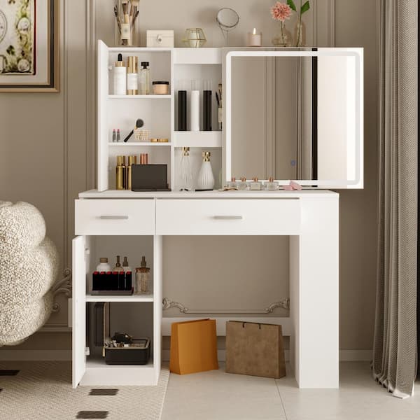 FUFU&GAGA White Wood Makeup Vanity Desk Dressing Table With Drawers, Door Cabinet, LED Color Change Moveable Mirror
