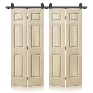 48 in. x 80 in. Vintage Cream Stain 6 Panel MDF Double Hollow Core Bi-Fold Barn Door with Sliding Hardware Kit