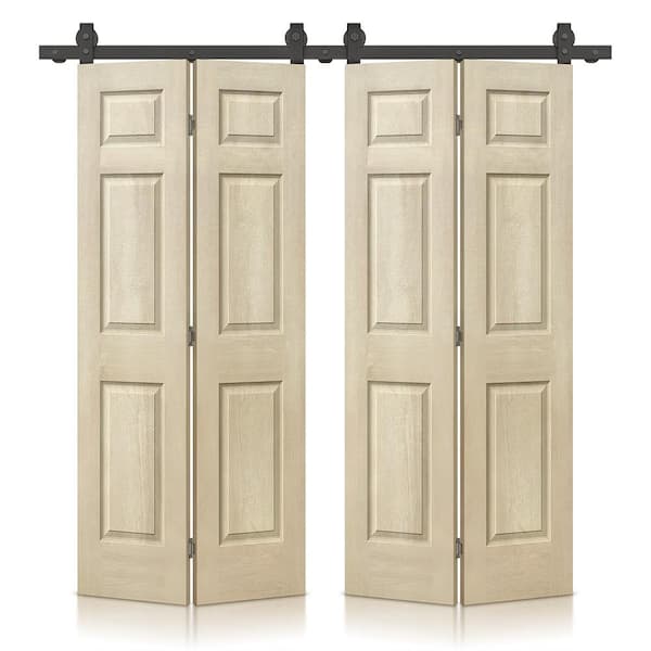 CALHOME 48 in. x 80 in. Vintage Cream Stain 6 Panel MDF Double Hollow Core Bi-Fold Barn Door with Sliding Hardware Kit