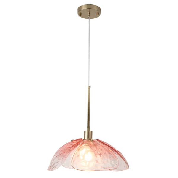 60-Watt 1-Light Pink Pendant Light with 4 Leaves Glass Shade, No Bulbs Included
