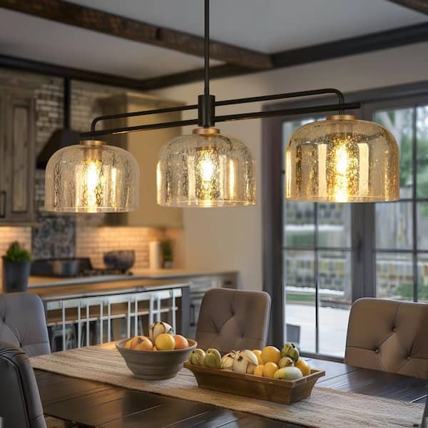 Modern Industrial 3-Light Gold Kitchen Island Hanging Lamp, 43.3 in. Linear Black Pendant Light with Dome Mercury Glass