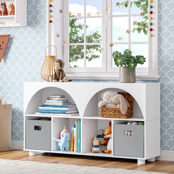 RiverRidge Home Kids Curve Appeal 46 in. Wide 4 Cubby Bookcase with 2-Piece Gray Bins