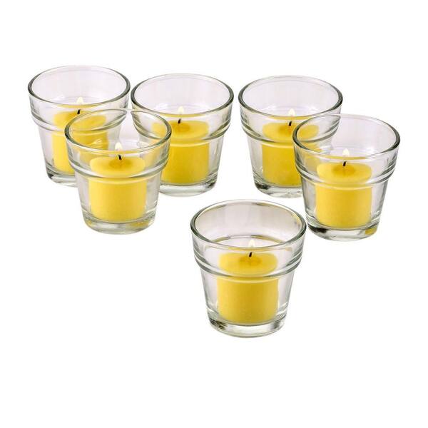 Light In The Dark Clear Glass Flower Pot Votive Candle Holders with Yellow Votive Candles (Set of 36)