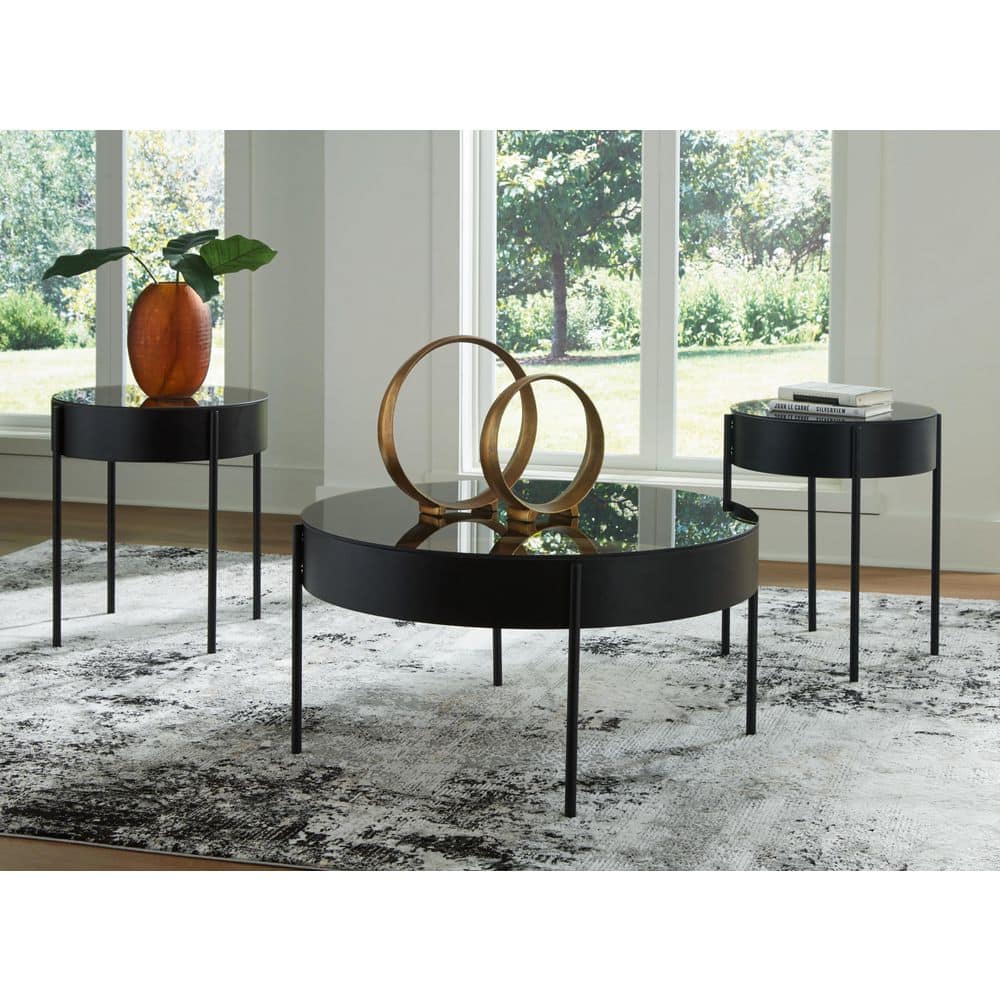 Black Metal and Glass Round Coffee Table Set