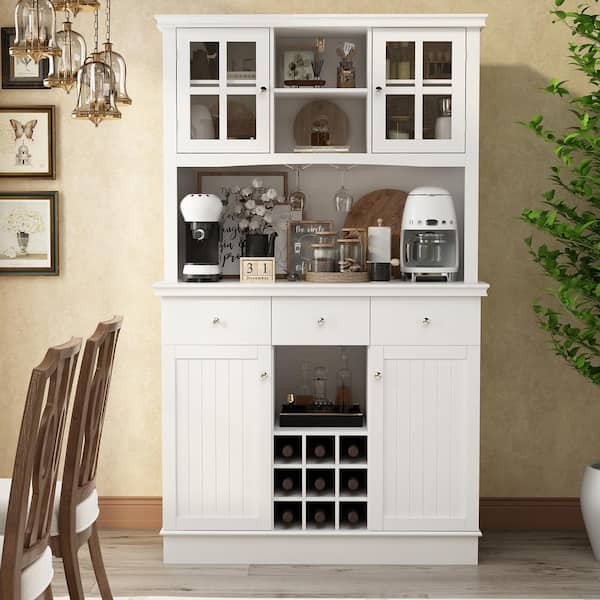 FUFU&GAGA White Wood 44.1 in. W Buffet and Hutch Kitchen Cabinet With Drawers and Hidden Door Storage, Doors, Wine Storage