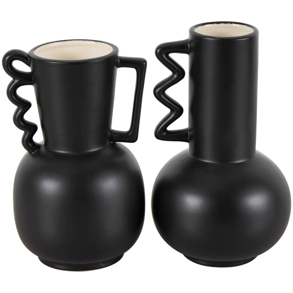 Litton Lane Black Ceramic Decorative Vase with Varying Shapes and Wavy Handles (Set of 2)