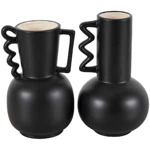 Black Ceramic Decorative Vase with Varying Shapes and Wavy Handles (Set of 2)