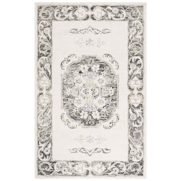 Aspen 4 ft. x 6 ft. Ivory/Black Medallion Floral Area Rug