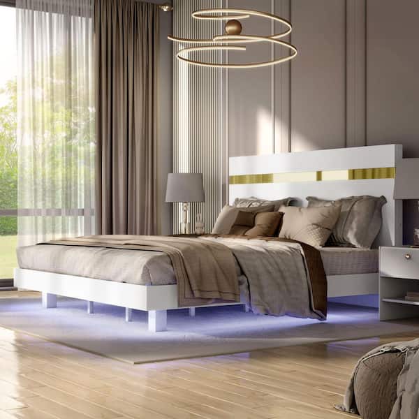 Furniture of America Nina White Wood Frame Queen Platform Bed with Underbed LED